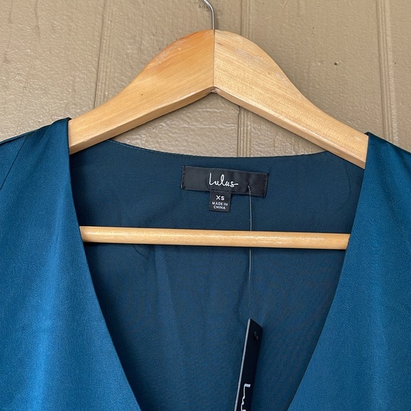 Lulu’s inspired confidence dark teal satin long sleeve mini dress - Picture 4 of 9